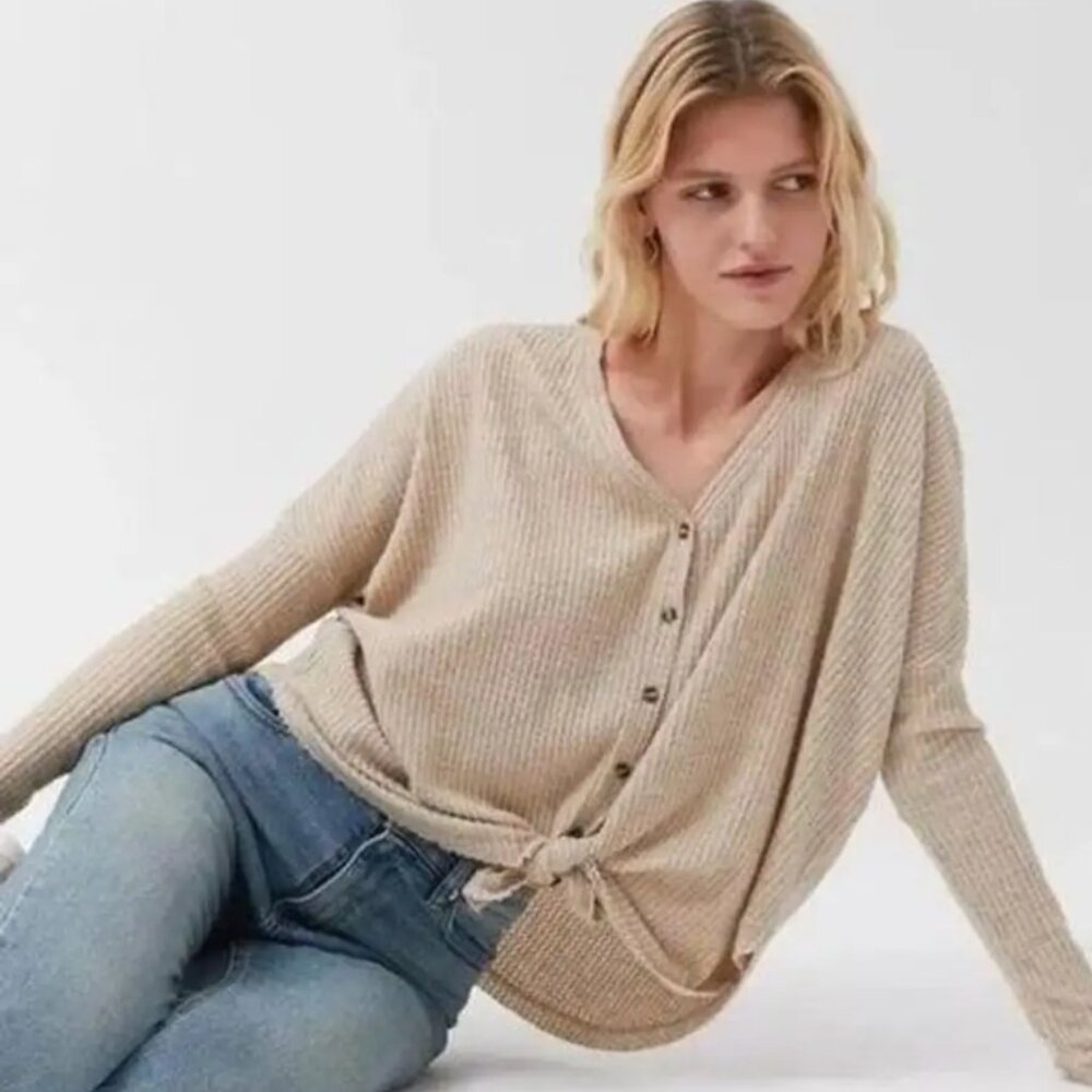 Urban Outfitters UO Out From Under Beige Jojo Button Down Thermal Long Sleeve